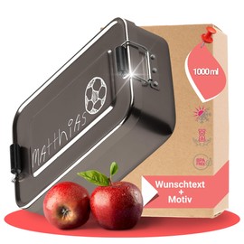 elasto Robuste Brotdose Anthrazit Brotbüchse Brotbox mit Name und Coolem Fußball Motiven Lunchbox mit Gravur Aluminium Vesperdose Pausenbox mit Name BPA-Frei Vorratsdose Brotdose Personalisiert aus Metall (Fußball)