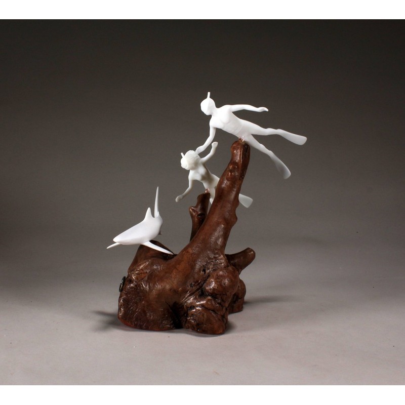 DIVERS/SNORKELERS with Blue Shark from John Perry 9in tall sculpture