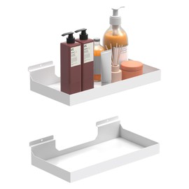 MQKIWAO 2 Pcs 16X8 Inch Slatwall Shelves, Heavy Duty Slatwall Baskets, Metal Slat Wall Shelves Accessories, Metal Retail Display for Storage and Organization, White