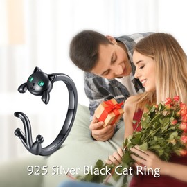 VONALA 925 Sterling Silver Black Cat Ring for Women Men Adjustable Open Ring suit 6-9#