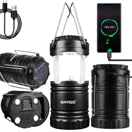 Anygo Camping Lanterns for Power Outages, Emergency Lights, Adjustable Brightness, 48 Hour Battery Life, USB & Solar Rechargeable Lamp with Foldable Hook & Mangnetic Base for Home, Outdoors 4-Pack
