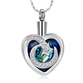 QGJNSGC Cremation Urn Necklaces for Ashes Crystal Heart Cremation Jewelry Keepsake Jewelry Star Moon Pendant Gifts for Women Men, Stainless Steel