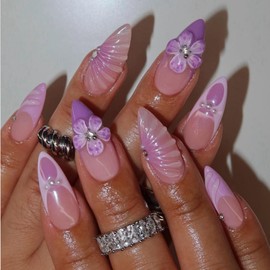 Purple Press on Nails Medium Almond Fake Nails with 5D Rhinestones Flower Charm Designs Pearl Water Drop Shell False Nails Glossy Summer French Tips Handmade Nails for Women Girls Manicure 24Pcs