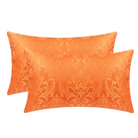 CaliTime Fall Pack of 2 Throw Pillow Covers Cases for Couch Sofa Home Decoration Vintage Damask Floral Shining & Dull Contrast 12 X 20 Inches Bright Orange