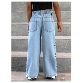 WDIRARA Toddler Girl's Bow Print Wide Leg Jeans Elastic Waist Cute Denim Pants Medium Wash 5Y