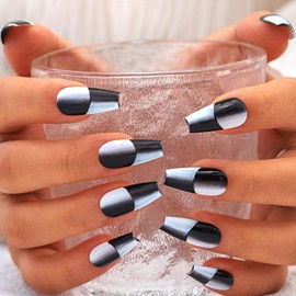 Sethexy Long Coffin False Nails Handmade French Gradient Press On Nails Hand-painted Glossy Acrylic Fake Nails Checkerboard Salon Quality Nail Art Removable for Women and Girls(T)