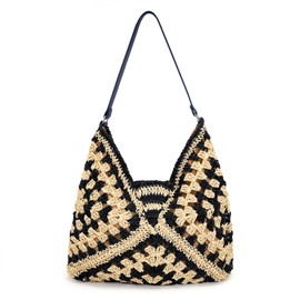 Straw Hobo Bags for Women,Large Woven Tote Bag Summer Crochet Shoulder Bag,Vintage Beach Bag Foldable Handbag for Vacation (Black)