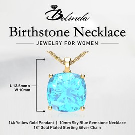 Belinda Jewelz - Square Birthstone Necklace, Gemstone Pendant Necklace with Prong Setting, 14K Yellow Gold Necklace for Women with 18” Gold-Plated Sterling Silver Chain, Sky Blue Topaz