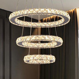 WECHAET Modern Round LED Chandeliers for Dining Room Light Fixture, Adjustable Height 3 Rings Crystal Chandelier for Kitchen Island Bar Living Room, D16’’