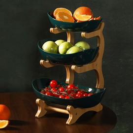 AYUCIA 3 Tier Fruit Bowl for Kitchen Counter - Ceramic Fruit Basket with Bamboo Stand, Green Tiered Fruit Holder for Kitchen Countertop, Fruit Stand for Fruit Vegetable Storage