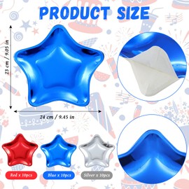 30 Pieces Star Shaped Paper Plates Disposable Party Plate Pentagram Dinnerware Plate for Independence Day Birthday Wedding Appetizers Fruit Dessert, 9.45 Inch (Red, Blue, Silver)
