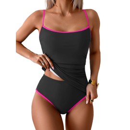 Eomenie Women's Tankini Swimsuits Two Piece Tummy Control Bathing Suit Color Block Slim Swimwear with High Waisted Bottom