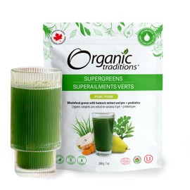 Organic Traditions Super Greens Superfood Powder with Turmeric, Pear Flavour, Organic Greens Powder, Smoothie Booster, 200g/7oz Bag