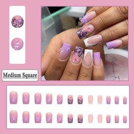 BAOYAALIN Ombre Purple Press on Nails Medium Square Fake Nails with Exquisite Butterfly Design Artificial Acrylic False Press ons Full Cover Stick on Nail for Women Girls Daily Wear Wedding 24Pcs