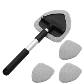 Rierdge Car Window Cleaner Kit Windshield Cleaning Tool with Extendable Long Handle and 3 Washable Reusable Microfiber Pads, Grey