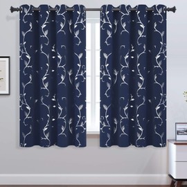 BUHUA Blackout Curtains 63 Inch Length Striped Wave Vine Print Thermal Insulated Home Decorative Window Curtains for Living Room 52W×63L Navy Blue 2 Panels
