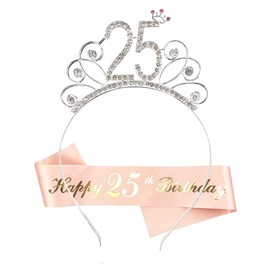 HCRXVV 25th Birthday Crown Sash Hen Party Set for 25 Years Birthday Girl Decoration, Crystal Crowns Hair Accessories, Rose Gold, Happy Birthday Gift for Women