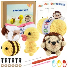 ASTARON Crochet Kit for Beginners, 3 Cute Crochet Animals - Hedgehog Bee Duck Crochet Starter Kits for Adults and Kids