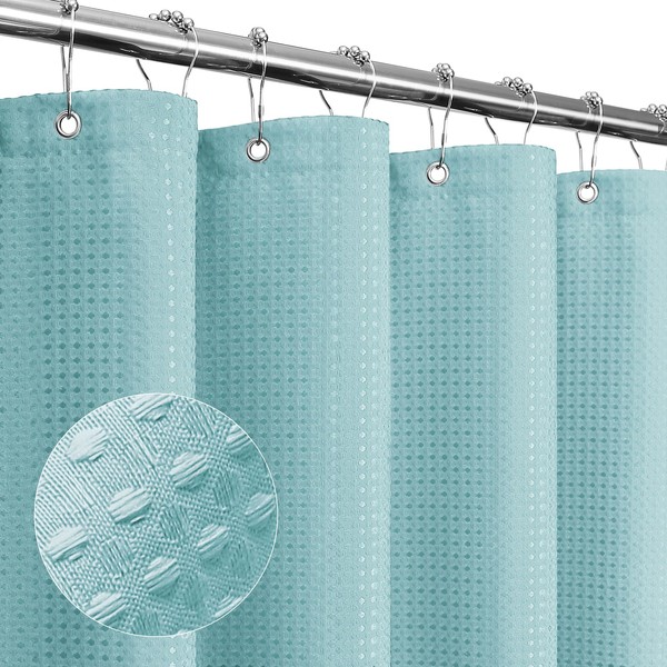 Gibelle Teal Shower Curtain, Waffle Weave Textured Fabric Shower Curtain