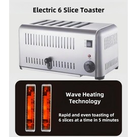 Electric 6 Slice Toaster, Countertop Pop-up Toaster, Stainless Steel Commercial Restaurant Toaster Machine with 6 Wide Slots for Bagel Bread, 1-5 Minutes Timer Cooling Vents