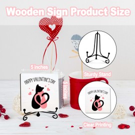 YSTEP Valentine’s Decor, 5x5 Inch Wooden Plaque with Iron Stand, Cat Lover Valentine’s Decorations for Home, Office, and Gift Giving -Happy Valentine's E09