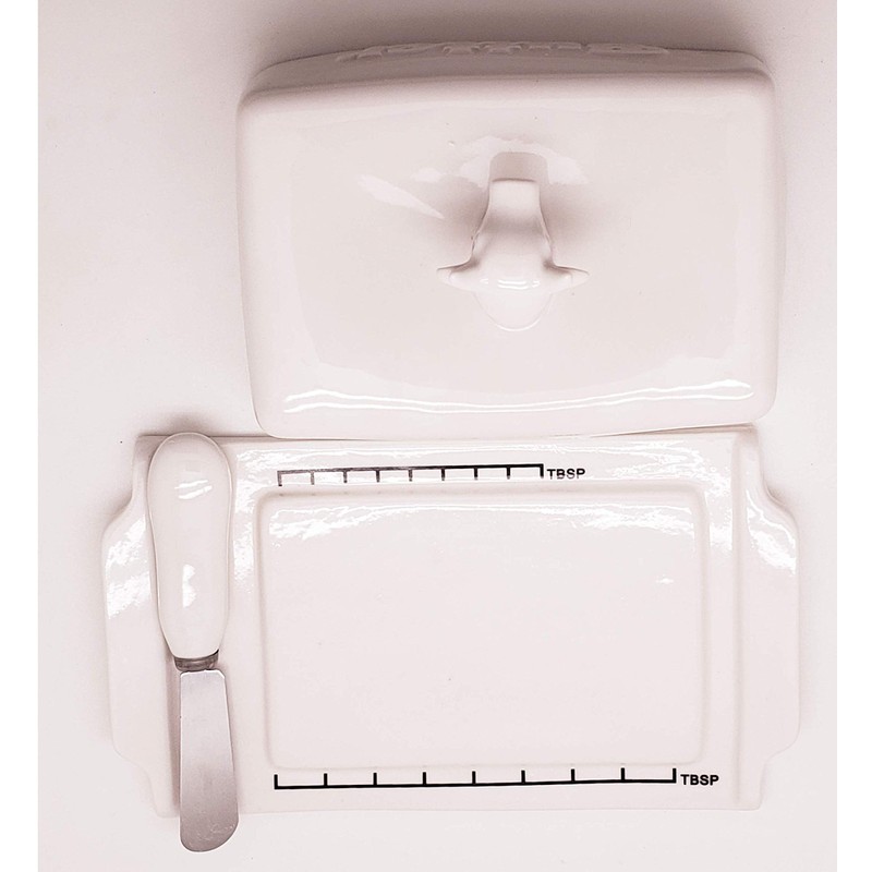 Butter Dish Cow Head Knob With Knife White Stoneware