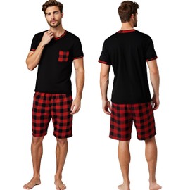 YUSHOW Mens Short Sleeve Pyjamas Set Checked Crew Neck Shirts & Short Bottoms Pyjamas for Men Summer Pjs Sets Soft Sleepwear Nightwear with Pockets