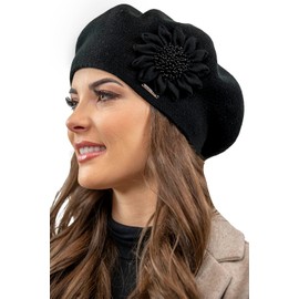 VIVISENCE Winter Beret Hat for Women Autumn Warm Berets with Delicate Flower Appliqué Women Elegant Classic Style Perfect for Autumn and Winter Days Model 7048, black