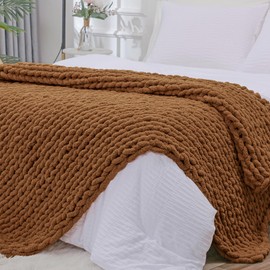 Bigacogo Chunky Knit Throw Blanket for Couch, 51x63 inches, 100% Hand Knitted with Thick Jumbo Chenille Yarn, Cozy Soft Large Rope Knot Cable Crochet Blankets for Sofa Bed Living Room, Caramel