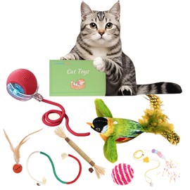 LummiPlay Cat Toys Pack for Indoor Cats, for Cats/cat Lovers,7-Piece Automatic Rolling Ball,Chirping Bird,Feather Ball,Sisal Ball, Silvervine Stick, Sisal Rope, Hanging Bouncing Caterpillar