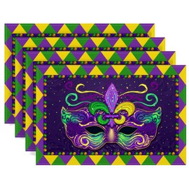 Linen Mardi Gras Placemats Set of 4 New Orleans Brazi Carnival Table Mats Fat Tuesday Mardi Gras Decorations and Supplies for Home Kitchen Table-12×18''
