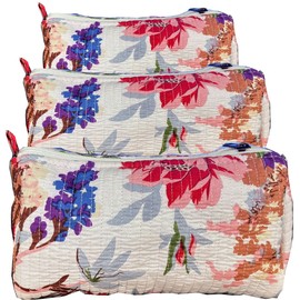 3Pcs Cotton Quilted Makeup Bag for Women Girls Large Small Travel Floral Cosmetic Bags Set Cute Coquette Pink Makeup Pouch for Purse Aesthetic Cloth Flower Storage Toiletry Bag Organizer Floral