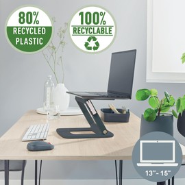 Leitz Ergo 64240089 Height-Adjustable Multi-Angle Laptop Stand for 13-15 Inch Laptops, 80% Recycled Plastic, 6 Height & Angle Combinations, Compact Stand, 100% Recyclable, Dark Grey
