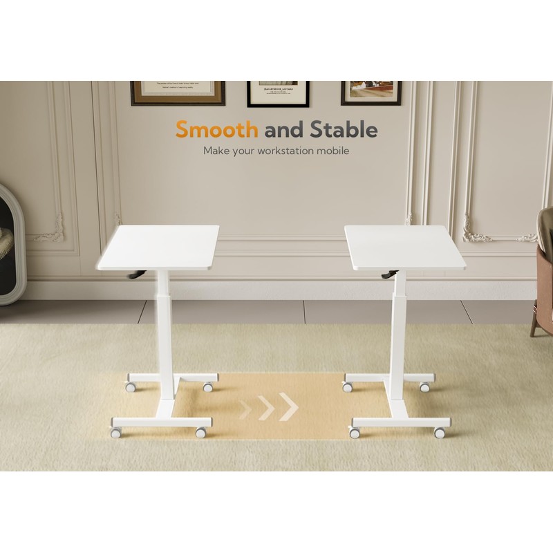 Claiks Mobile Standing Desk, Small Rolling Workstation With Wheels, Pneumatic