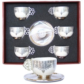 Alisveristime 12 Pc Turkish Greek Arabic Coffee Espresso Cup Saucer Porcelain Set (Black Silver)