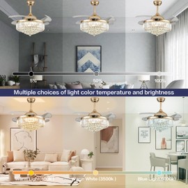 DuMaiWay 42" Dimmable Crystal Ceiling Fan with Light, Fandelier,Chandelier Fan with 4 Retractable Blades LED Remote APP Control for Living Room, Bedroom, Dining Room 6 Speed-Gold