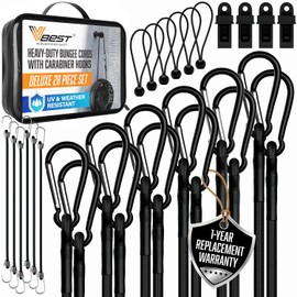 VBEST Carabiner Bungee Cords Heavy Duty Outdoor - Black Bungie Cords Deluxe 28 Piece Set, UV & Weather Resistant - Bungy Chords Assortment with Tarp Clips, Organizer Bag, Canopy Ties & Ball Bungees