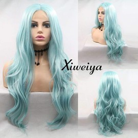 Xiweiya Long Blue Green Wavy Wig long Soft Synthetic lace Front Wigs Part for Women, Drag Queen with Heat Resistant Fiber Mermaid Hair Replacement Wig Middle Part 24 inch