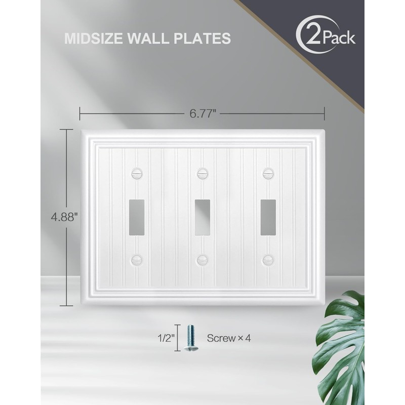ZILLSEA 2-Pack Pure White Triple Toggle Light Switch Covers, Metal
