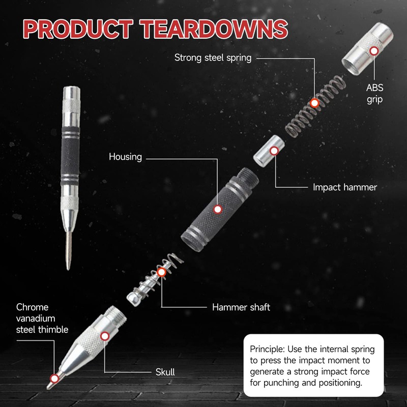 2 Pcs Black Automatic Center Punch, Steel Adjustable One-Handed Spring