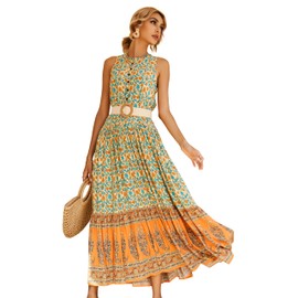 R.Vivimos Women's Summer Sleeveless Floral Print Button Up Bohemian Flowy Maxi Dresses (Small, Yellow)