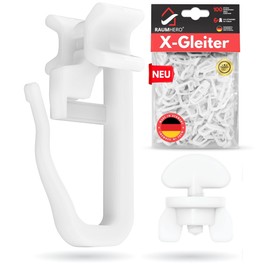 Raumhero® X-Gliders for Curtain Rails (Complete Set 100x X-Gliders Including 6x Stoppers) - 6 mm Standard Size Curtain Gliders - Curtain Hooks for Rails - 100% Made in Germany
