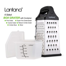Lantana Cheese Grater with Container – Hand held Grater/Slicer/Zester. 6 Essential Kitchen Functions for Coarse, Medium, Fine, Micro-Grating/Zesting/Slicing. Includes Fitted Measuring Container & Lid