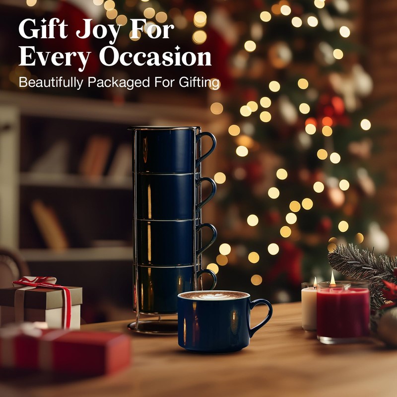 NWYSZ 10 Ounce Blue Porcelain Stackable Cappuccino Cups with Stainless