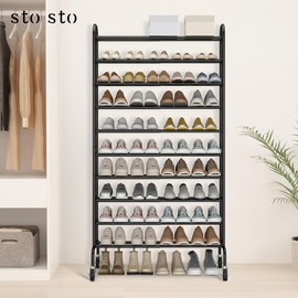 STO STO Expandable Shoe Rack, 10-Tier Metal Tall Shoe Rack for Garage, Up to 44 Pairs Adjustable Shoe Rack Storage for Front Door Entrance, Free Standing Shoe Rack Organizer for Entryway, Black