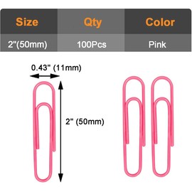 Vinaco Paper Clips Pink, 100 Pack Large Paper Clips 2 Inch (50 mm), Durable & Rust Resistant, Jumbo Paper Clips. Great for Office, School and Personal Use (Pink)