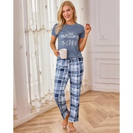 difficort Pajama Set for Women 2 Piece Lounge Set Short Sleeve Tops and Pant Soft Sleepwear, Haze Blue Plaid, Small