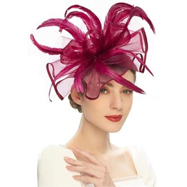RZTA Women's Fascinators Hat for Women Tea Party Headband Wedding Cocktail Flower Mesh Feathers Hair Clip 05 Wine Red