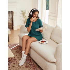 Ekouaer Womens Nightgowns Short Sleeve Sleepshirt Cotton Sleepwear Casual Pullover Sleep Dress Loungewear Blue Green, S