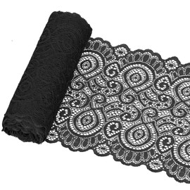 Glarks 1Rolls 4.57m x 180mm Fabric Lace Ribbon, Black Floral Pattern Fabric Lace Ribbon, Elastic Stretchy Lace Fabric for Wedding Decorating, Sewing, Hair Bow Making